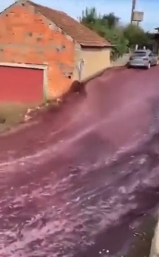 Río vino tinto atraviesa localidad de Portugal y crea una inundación