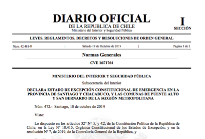 Facsímil de la publicación en el Diario Oficial del decreto de estado de emergencia.