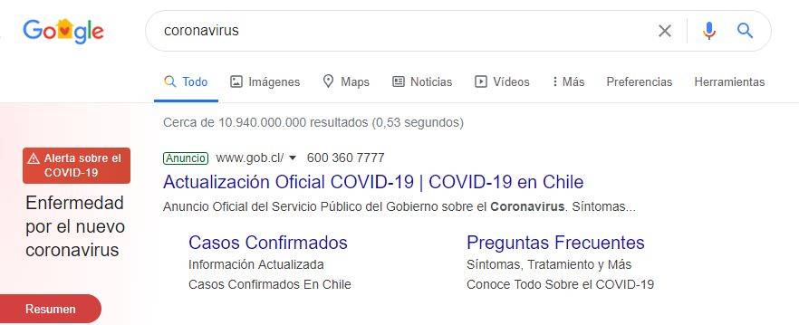 Pantallazo búsqueda Google coronavirus - PAUTA