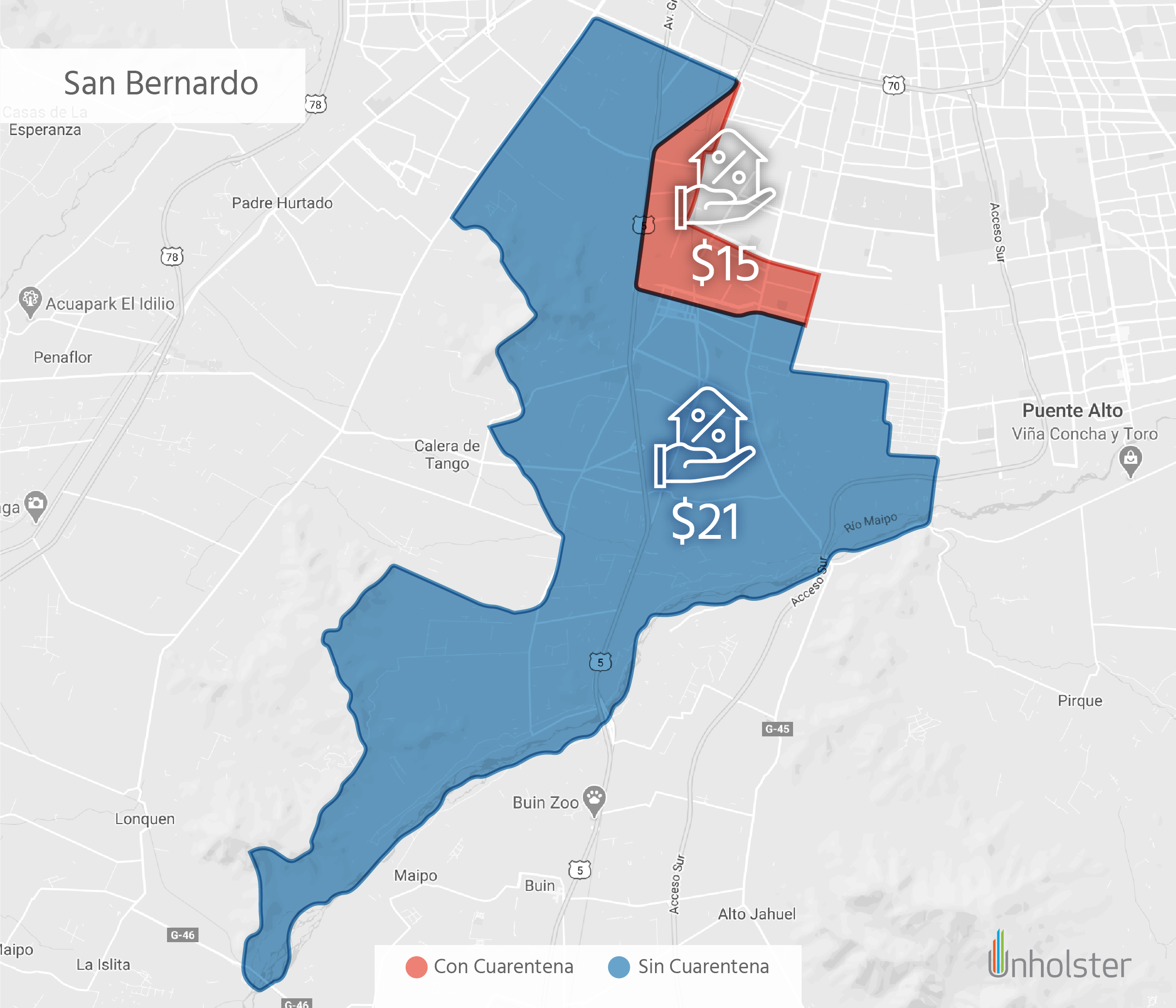 Mapa de San Bernardo con cuarentena parcial. Créditos: Unholster
