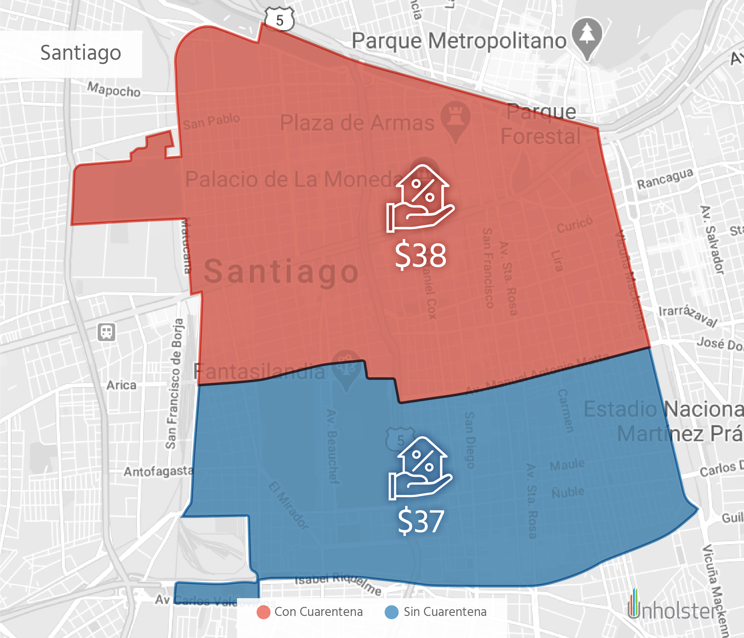 Mapa de Santiago con cuarentena parcial. Créditos: Unholster